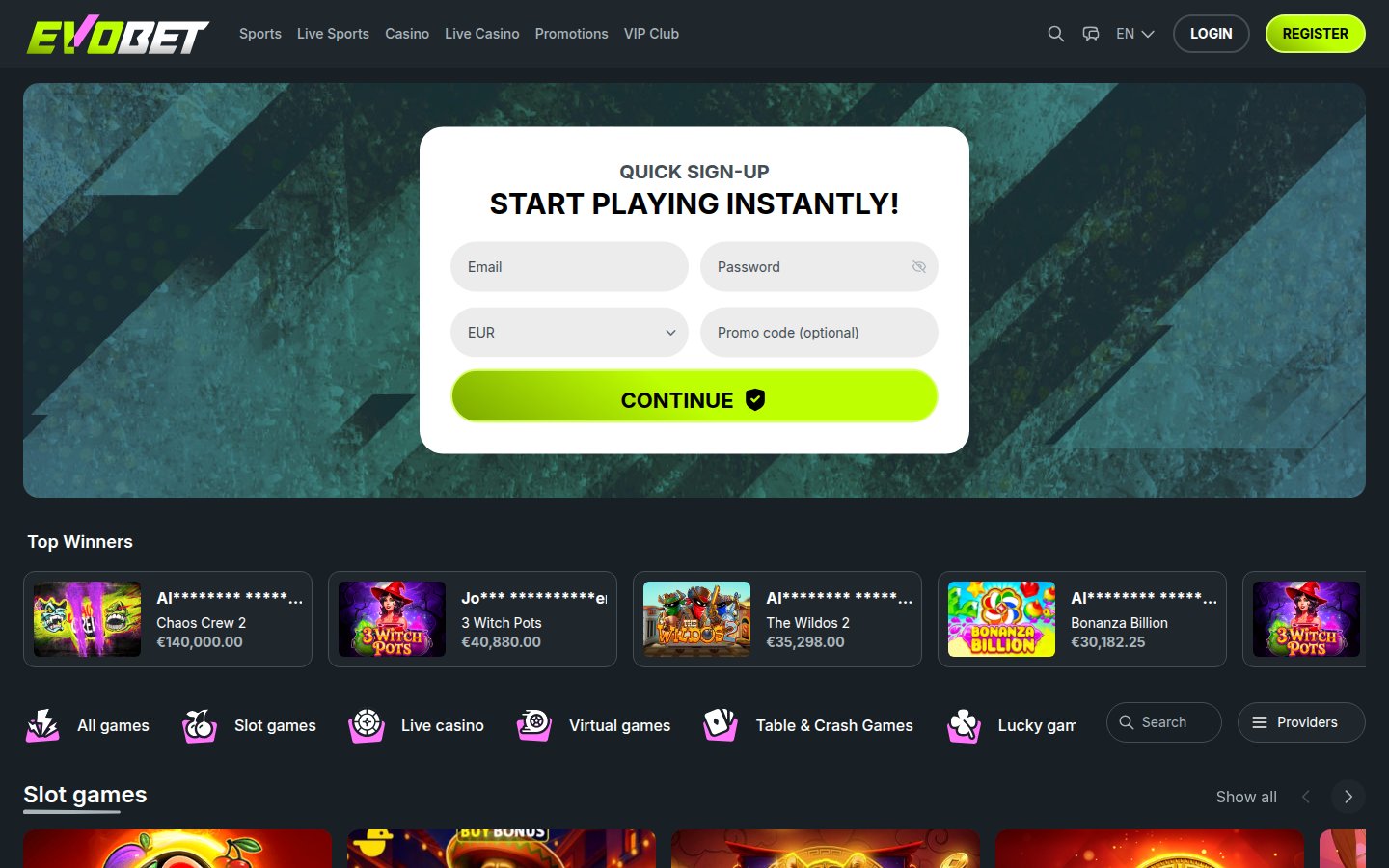 Evobet Casino desktop preview