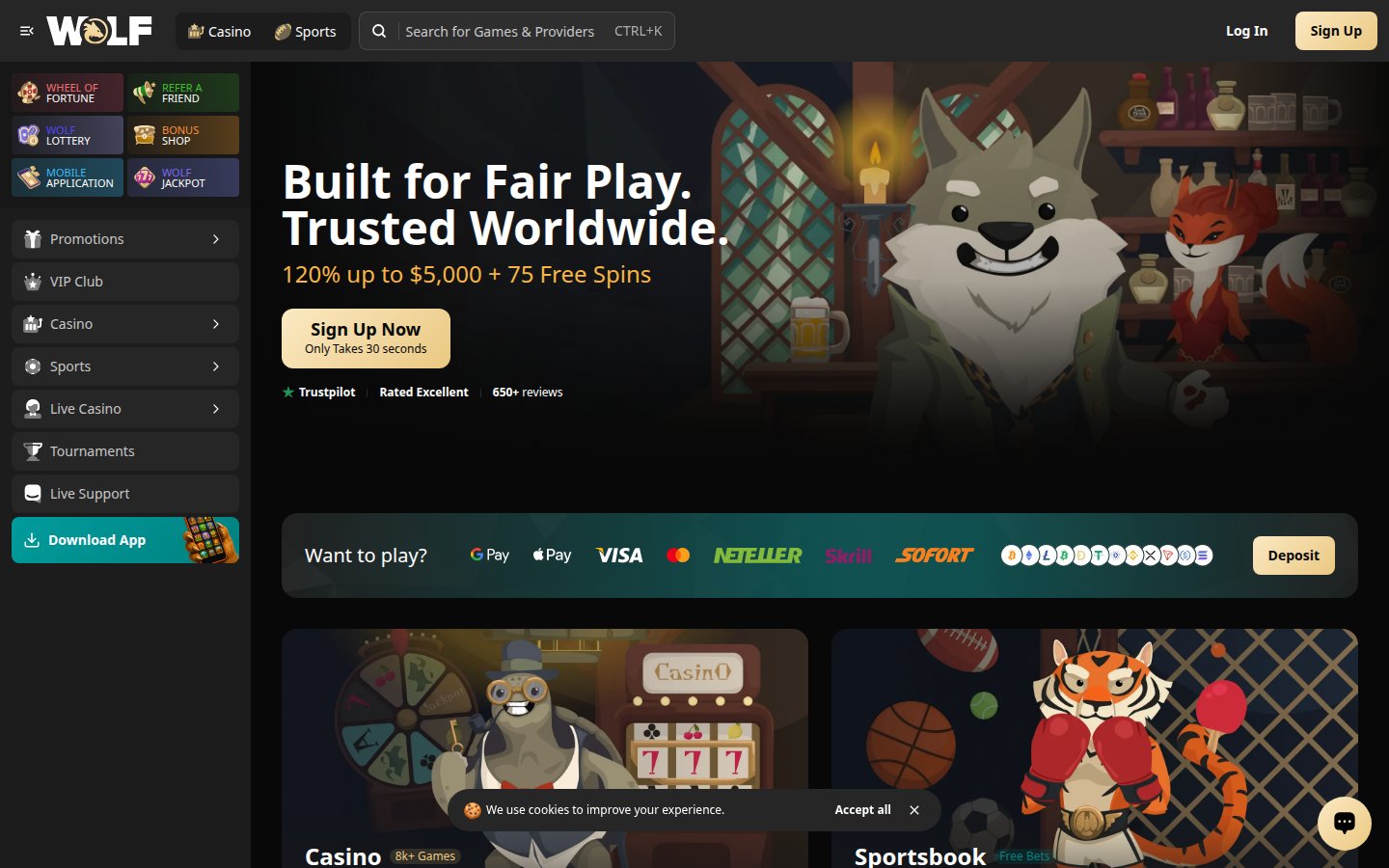 Wolf.io Casino desktop preview